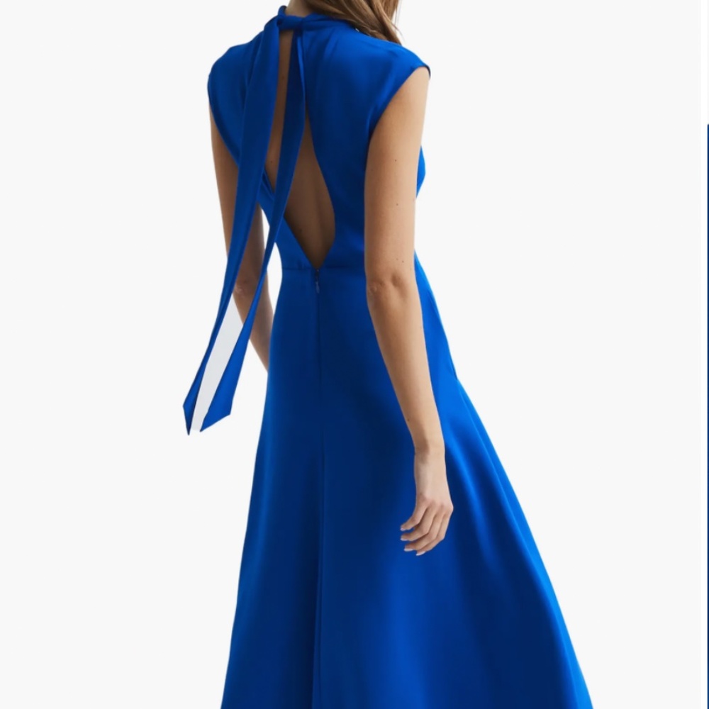 Reiss NEW size 6 Blue Livvy High Neck Midi Dress Open Tie Back